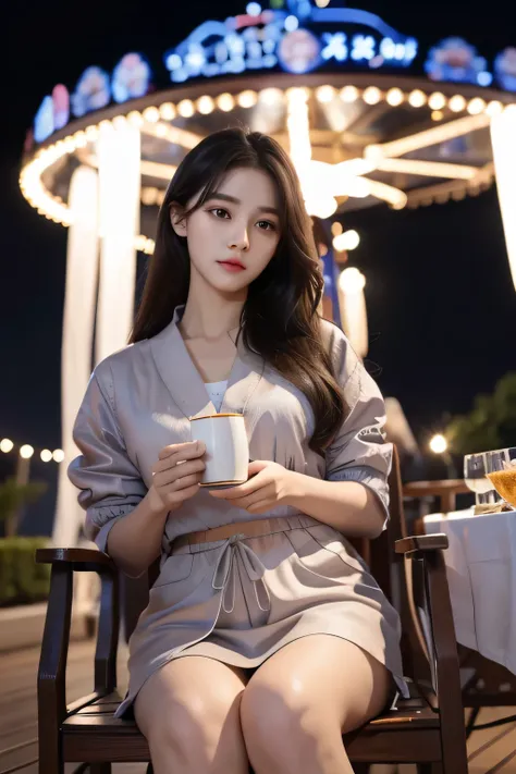 (8k, RAW photo, highest quality, masterpiece:1.2), (realistic, photo-realistic:1.37) , 1 girl, (carousel, night), Miao Xiaoji(secret_tea), detailed face, fine eyes,no makeup、high nose、vivid lighting