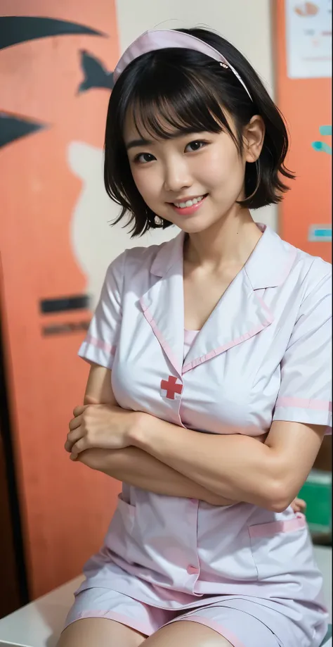 （8k、Raw photography、highest quality、masterpiece：1.2),(black haired、very short hair:1.8),(twin mitsu braid:1.4)、show viewer,Looking at the front,erotic,white skin,(Wearing pink nurse clothes:1.7)、()、(Clothing that emphasizes the shape of your chest、publish ...