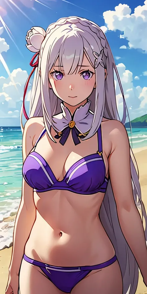 realistic, 1girl, Emilia re:zero, crown braid, flower hair ornament, x hair ornament, white hair, long hair, purple eyes, bikini, beach, light particles, light rays, wallpaper