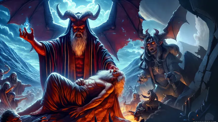 a painting of a man with a beard sitting on a rock surrounded by demons, satan in hell, by jeff easley, jeff easley cinematic, t...