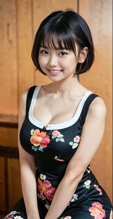 （8k、Raw photography、highest quality、masterpiece：1.2),(black haired、very short hair:1.8),(twin mitsu braid:1.4)、show viewer,Looking at the front,erotic,白いskin,(She is wearing a brightly colored Chinese dress with a floral pattern.。.。.:1.7)、()、(Clothing that...