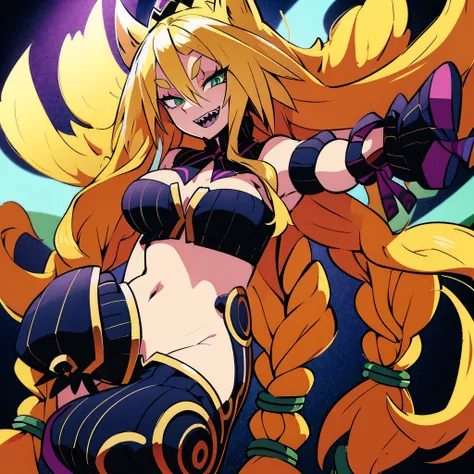 Metallia, long blond hair, twin braids, green eyes, - sharp teeth, witch hat with an purple eye, bare shoulders, wrist cuffs, detached collar ,midriff, cleavage, pants, shoes, thighs cutout, 1girl, solo, facing viewer, looking at viewer, smile, open mouth.