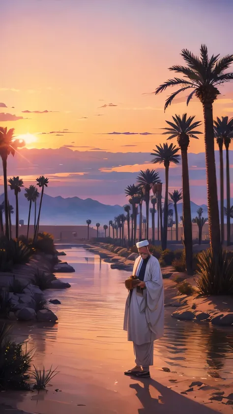 Muslim man in the middle of a desert full of date palm trees crossed by a river looking up at the glowing sky in the day full of blessings