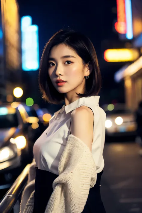 ((best quality)), ((masterpiece)), (Cinematic Aesthetic:1.4) Photo of a beautiful korean fashion model bokeh city night