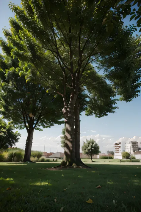 Hay 2 arboles, piso verde, cielo atractivo y relajante, arbustos por doquier, y escondido en uno de ellos