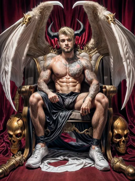 1boy, 25 years old, tan skin, white to blonde faded hair, full body tattoo, body hair, facial hair, demon horn, demon wings, hell throne, showing his ass