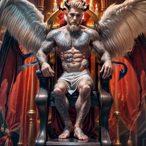 1boy, 25 years old, tan skin, white to blonde faded hair, full body tattoo, body hair, facial hair, demon horn, demon wings, hell throne, diablo, full beard, medium beard