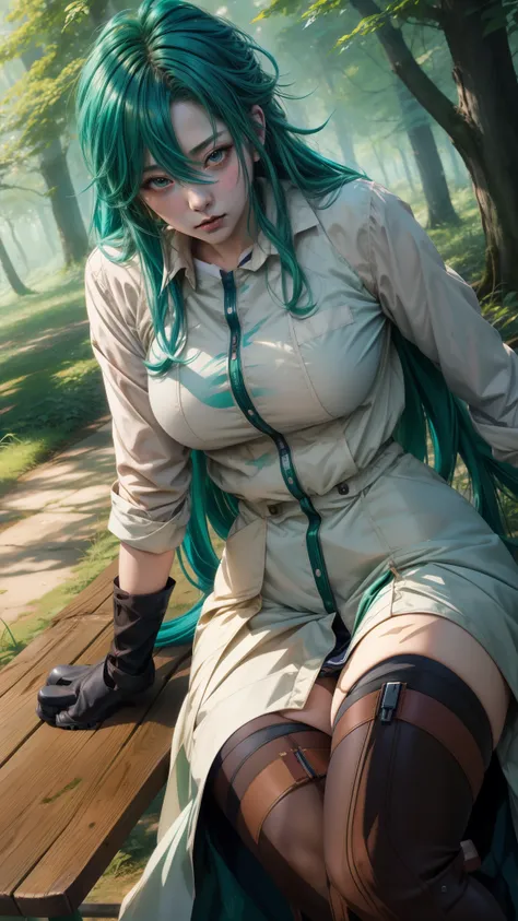 anime girl with green hair sitting on a bench in the woods, anime girl with teal hair, marin kitagawa fanart, forest city streets behind her, highly detailed exquisite fanart, fus rei, mayuri shiina from steins gate, detailed anime character art, anime lus...