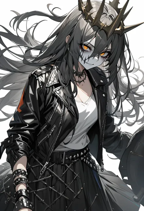 Girl, long messy hair, corpse paint face, leather jacket, square skirts, spikey bracelet, bullet belt,  thorn crown, high detailed 8k, white background 