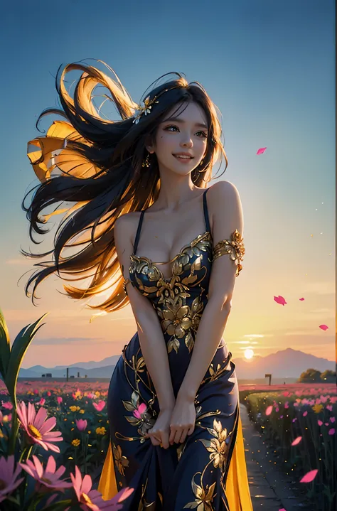 award winning digital art, half body portrait of a beautiful woman in a silk Tang dress with gold embroidery, colorful hairstyle with head in motion and long hair flying, big smile, Happy, sexy,  in a flower field, golden sunset, particles dust, glitter, p...