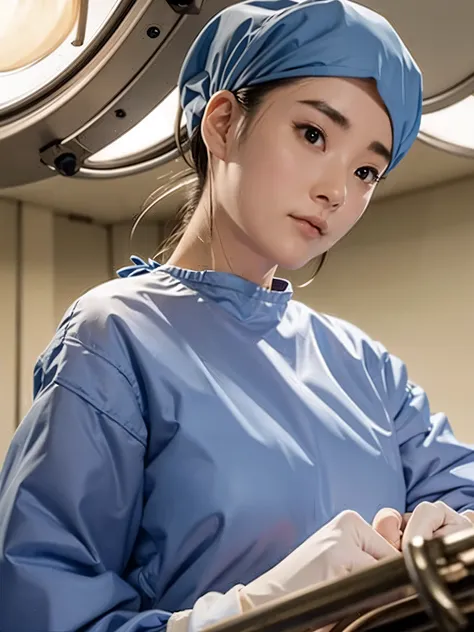 (highest quality,high resolution:1.2),super detailed,(realistic:1.37) 1 girl,wearing long-sleeved surgical gowns,wearing a surgi...