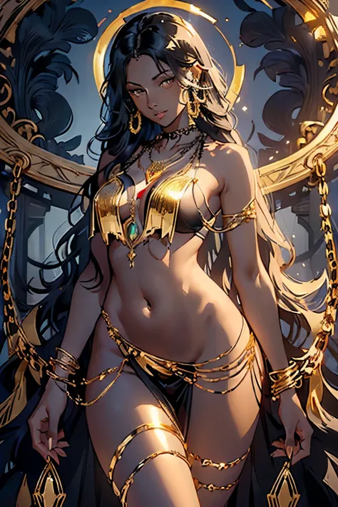 best quality, nsfw, extremely beautiful, beautiful face, long wavy dark hair, (Woman Dark : 1.6), (Dark skin : 1.6), (Shiny skin : 1.6), big breasts, long sexy black and gold dress neckline navel, black and gold breast curtains, long black and gold open_fr...