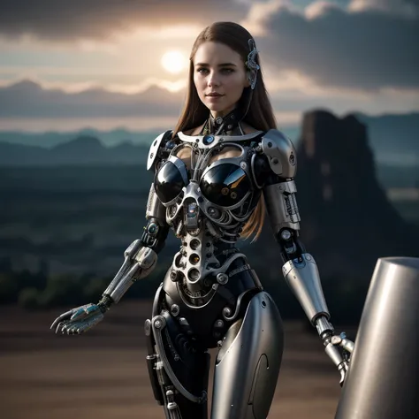 cute young biomechanical steampunk cyborg woman realistic movie shallow focus scene, her full body standing with a fluid movemen...