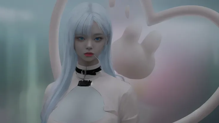 a high fashion portrait of beautiful albino asian model with pale blue hair, devant l&#39;architecture d&#39;a brutalist building ,Oeuvre d&#39;anime, animated style, key visual, vibrant, anime in studio,  Very detailed