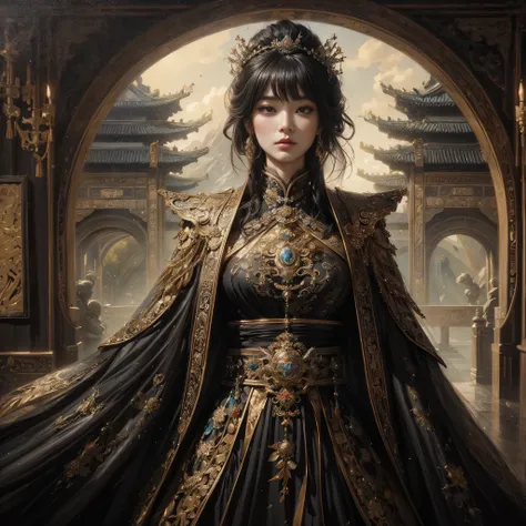 ((Meisterwerk)), ((high quality)), Frau in einem schwarz-goldenen Kleid, a beautiful fantasy empress, von Yang J, ((a beautiful fantasy empress)), Palast, a girl in Hanfu, beautiful character painting, atemberaubende Fantasy-Kunst, epische exquisite Charak...