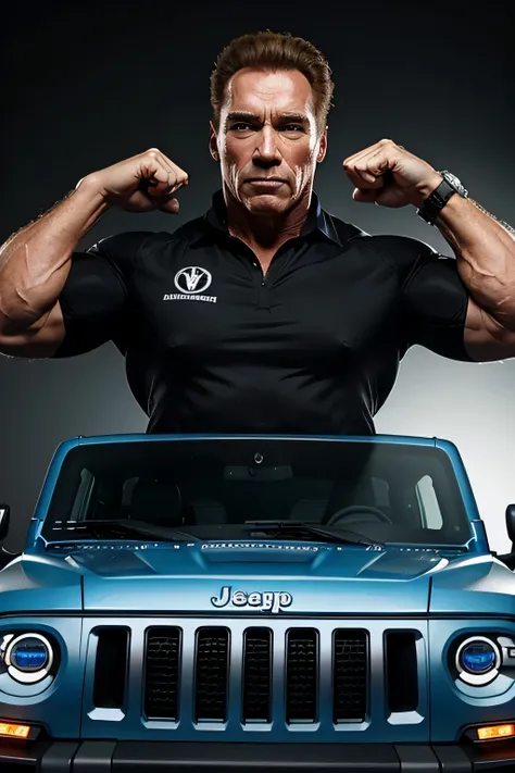 Schwarzenegger on the background of the Jeep Hummer H2, dressed in the sports uniform of a bodybuilder, the pose shows the strength of his muscles