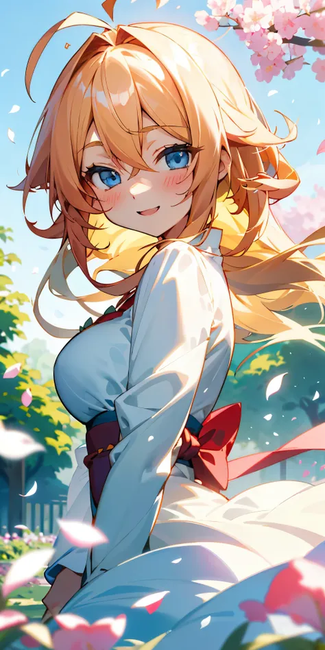 1 girl、string maki、blue eyes full of joy、blonde、hair length、big breasts、((ahoge、ahoge))、laughter、1 beautiful delicate portrait o...