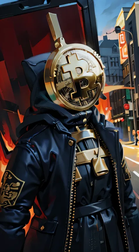 1man, masterpiece, gorgeous, BITCOIN CRYPTO head, hood, coat, 4k, streets, buildings, , high details, gorgeous, 4k, BREAK close up, no humans, cinematic, dramatic, contrast, detailed background, standing, , wallpaper, mysterious, digital art, artistic