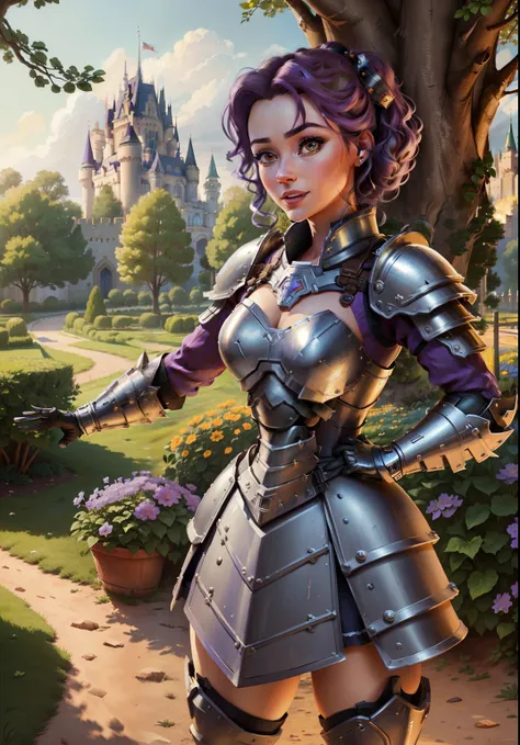 (bellewaifu:1), (knight's armor:0.3), the garden in the background, surprised, cute, cute pose, (flirting), looking at the viewe...