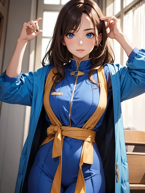 A mature girl, brown hair, wearing blue costume