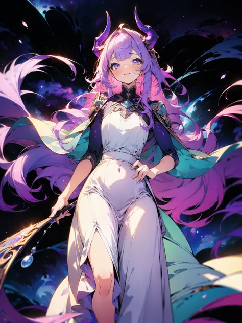 (cowboy shot), (best quality, ultra-high resolution, depth of field:1.2), (dragon woman), feminine, elegant, (heterochromatic eyes), (gentle smile), (curved horns), long pastel purple hair, (medium chest), (wearing a white and purple elegant long dress), w...