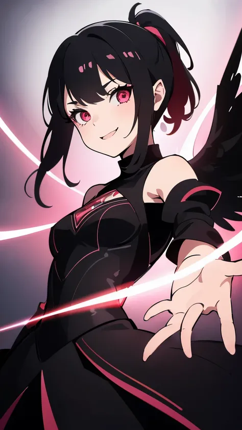1girl, fairy girl, small, fairy wings, ((glowing pink fairy wings)), (fairy wings), Black hair color, ponytail hairstyles, short ponytail, red eye color, wearing leather armor, silver shoulder pads, black clothes,(glowing eyes), high resolution, extremely ...