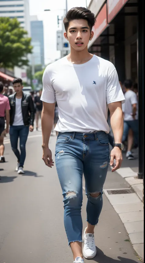 Malay teen boy (fattah amin:1.2) age 23 years old wearing oversized white tops and jeans walking in the busy street, skinny boy, short, handsome, small muscle, dark skin, detail skin texture, realistic skin, white sneakers,