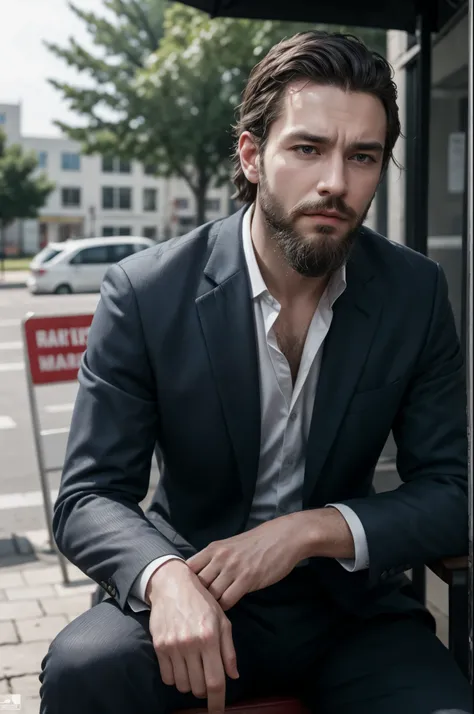 (RAW photo:1.2), a man wearing a business suit sitting outside, beard, tired, candid shot, best quality, 8k, uhd, photorealistic