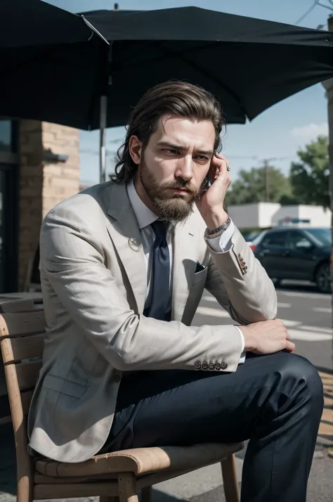 (RAW photo:1.2), a man wearing a business suit sitting outside, beard, tired, candid shot, best quality, 8k, uhd, photorealistic