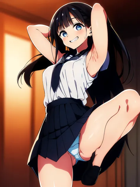 2d, masterpiece, best quality, anime, highly detailed, cowboy shot, 1girl, solo, akebi komichi, bolack eyes, black hair, hair bow, black bow, school uniform, summer uniform, large breasts, standing, indoors, hallway, :dMafuyukirisu, (blue eyes, braid, long...