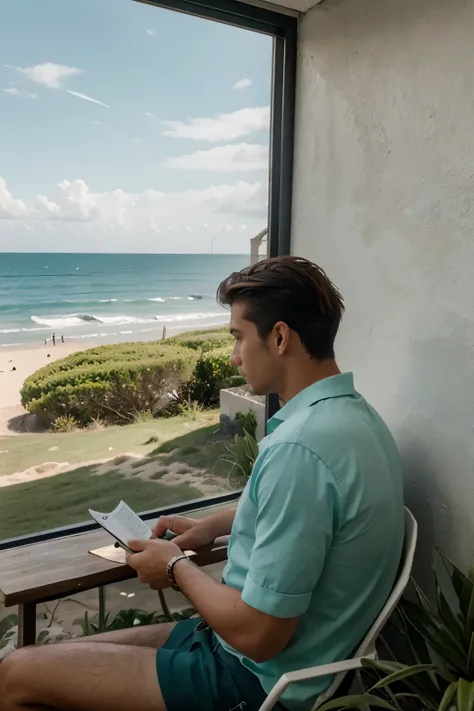 Genera una imagen hiperrealista, where a young man is sitting with his back to the camera, leyendo un libro, and he has in front of him an extraordinary landscape that he sees through a large, very modern window., que ocupa casi toda la pared, con mucha lu...