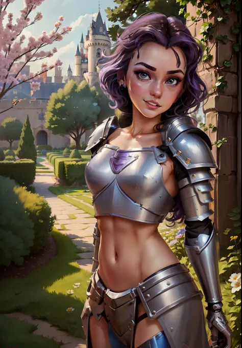 (bellewaifu:1), (knight's armor:0.3), the garden in the background, surprised, cute, cute pose, (flirting), looking at the viewe...