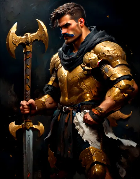 beautiful man, big strong short hair and mustache, golden armor, golden ax in his hand,