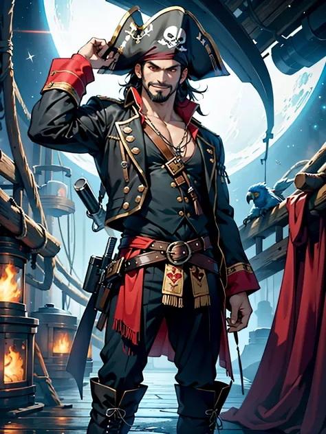 best quality, masterpiece, highres, solo, solo focus, 1boy, mature man, black hair, red eyes, facial hair, (long sleeves, pirate costume, pirate hat, pirate boots), space backdrop, standing on pirate ship cabin, v-shaped eyebrows, evil grin, holding a flin...