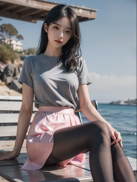 (whole body:1.5)，(1 girl:1.3),(view viewer:1.4)，(correct anatomy:1.3),(Sitting on a bench by the sea:1.2),(pink and blue rubber skirt :1.2),( dim gray pantyhose:1.3),pumps、( girl&#39;s pointed thick heels :1.1)，(accurate and perfect face:1.3),hyper hd, ray...