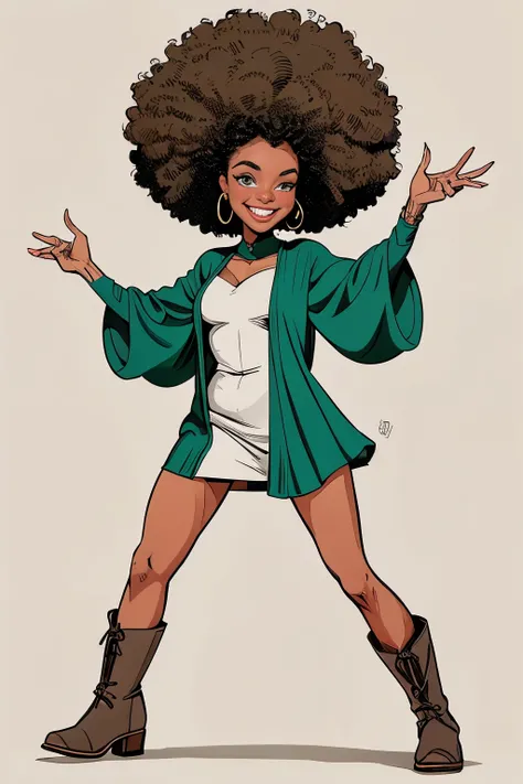 "Em uma fantasia de vaqueiro futurista": Hand drawn in sketchbook style: Corpo inteiro de uma bela mulher afro-americana, vaqueira, com um sorriso malicioso, cabelos pretos extremamente longos e encaracolados, in eye-catching epic costume of , em pose prov...