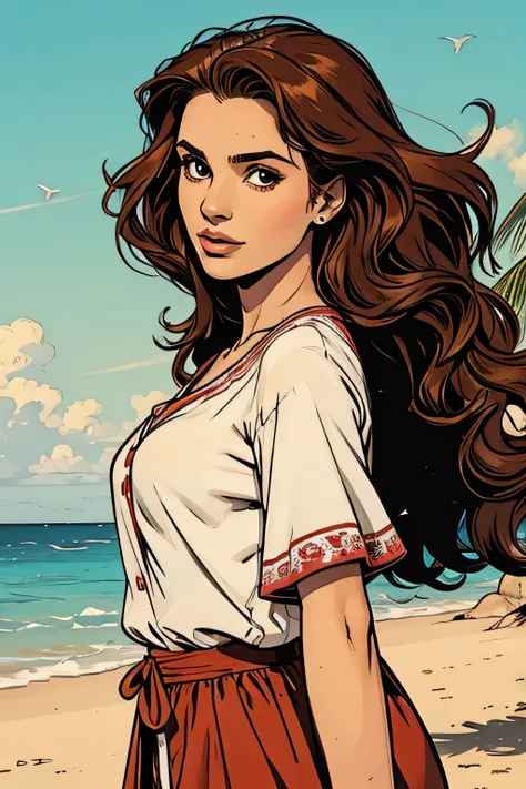 Illustration of a 34 year old woman., piel blanca, Brown eyes, long curly brown hair, blusa roja con flores, fondo de playa