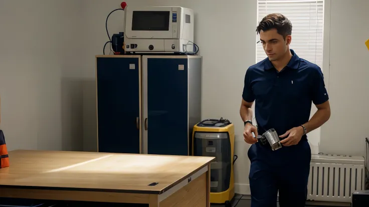 Photo of a male professional dressed in work uniform, with air conditioning tools in the background.