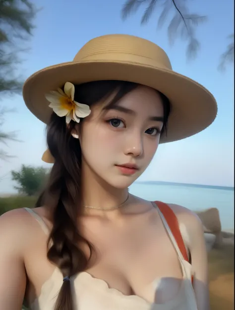 arafed woman with a hat and a flower in her hair, with straw hat, wearing a chocker and cute hat, xintong chen, with hat, ulzzang, wearing straw hat, dilraba dilmurat, beautiful young korean woman, gorgeous young korean woman, young cute wan asian face, be...