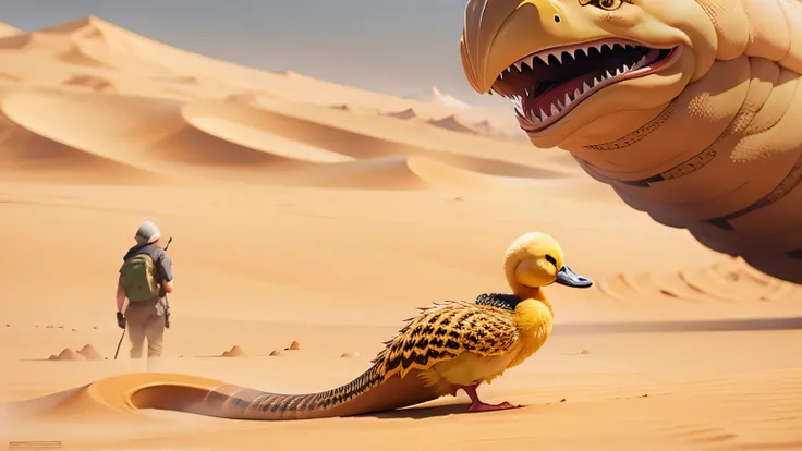 Masterpiece quality. 8k, cinematic. full shot of a yellow baby duck (from back) confronting a giant sandworm on Arrakis. dune.