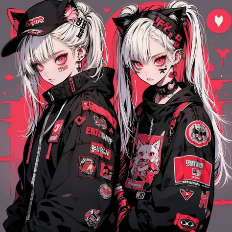 Punk rock emo girl, Neko, wolf girl, long neon white hair in pigtails, tattoo sleeves and piercings, Red eyes, slender, skinny, short,  Harajuku-inspired punk clothes, no twins, one person