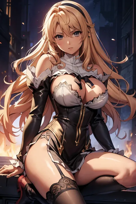 anime style、masterpiece、highest quality、1 girl、big breasts:1.3、shiny skin、satella、serious、blonde hair、long hair、cowboy shot、dress、brown cross lace shoes、cleavage、black ribbon、clothing clippings、juliet sleeves、white thigh high sockeadow background