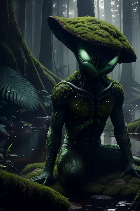 A highly detailed, hyper-realistic image of a little alien sitting on a moss-covered stone, overlooking a tranquil lake in a dimly lit, mysterious dark forest. The aliens large, dark, expressive eyes are fixed on the scene before them, revealing a sense of...