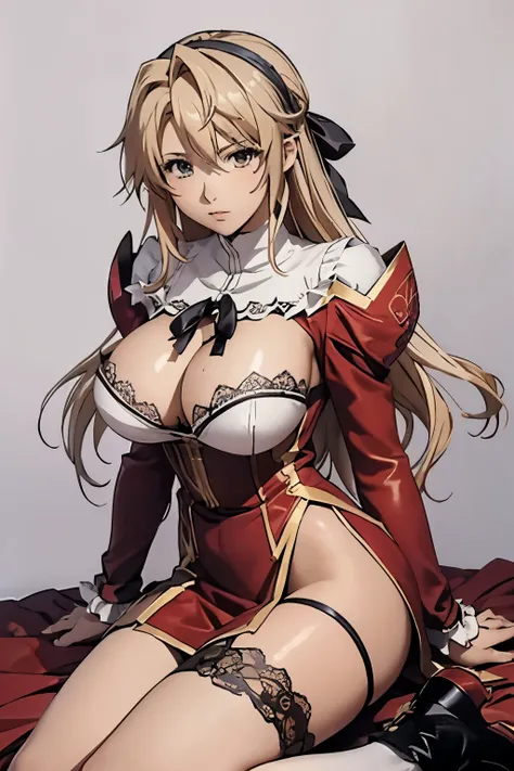 anime style、masterpiece、highest quality、1 girl、big breasts:1.3、shiny skin、satella、serious、blonde hair、long hair、cowboy shot、dress、brown cross lace shoes、cleavage、black ribbon、clothing clippings、juliet sleeves、white thigh high sockeadow background
