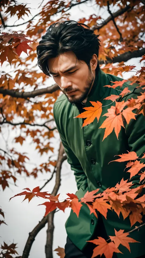 close-up of the man standing firm amidst swirling leaves and branches, with the wind blowing fiercely around him. his expression...