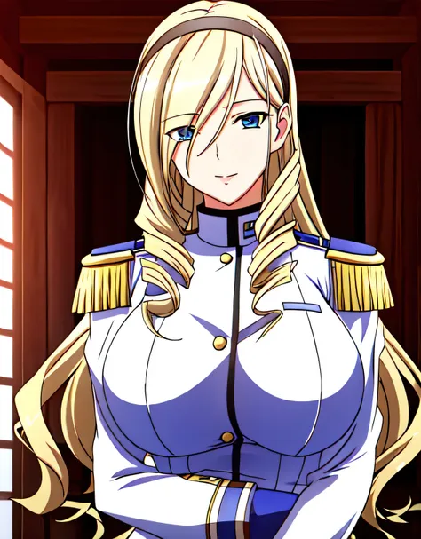 army,army uniform,blonde hair,bangs,blue eyes,long hair,head band,twin drill,indoor hall,(big breasts:1.5),looking at the viewer...