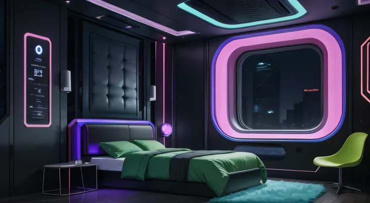 there is a bedroom with a bed and a chair in it, futuristic room, futuristic room background, cozy 9 0 s bedroom retrofuturism, futuristic decor, retro futuristic apartment, futuristic interior, cyberpunk teenager bedroom, galaxy themed room, futuristic de...