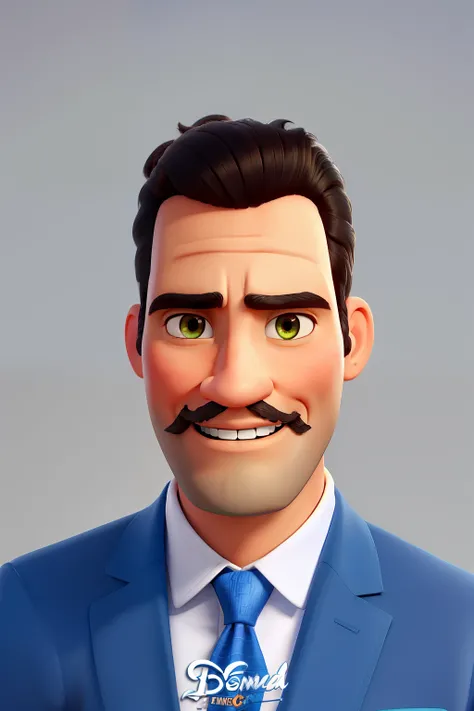 Um poster da Disney Pixar com uma usina fotovoltaica ao fundo, brasileiro, He is a businesswoman, usa camisa social preta com laranja, tem 30 anos, cabelo castanho claro com branco, barba e bigode castanho, olhos verdes com oculos, Hes holding a project