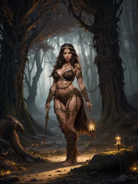 epic fantasy art, super fine illustration, High resolution, Super detailed, masterpiece, 1 beautiful young girl, sexy barbarian, 20 years old, alone, (((elegant beautiful face:1.5))), medium messy hair, black hair, ((beautiful detailed brown eyes:1.5)), ((...