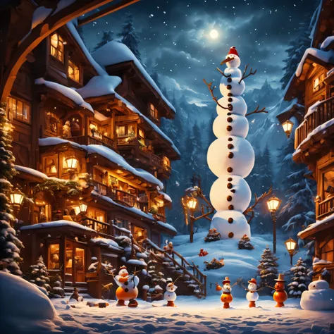 Shooting from a lower point, dynamic composition, 
Secret eastern cult worshipping Snowman, people in orange vests and shorts praying (kneeling and raising their hands) in front of a big smiling Snowman.  Epic, detailed, art station, masterpiece, high art.